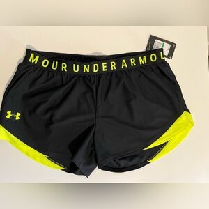 Under Armour women’s Play Up 5” shorts, large, black/neon